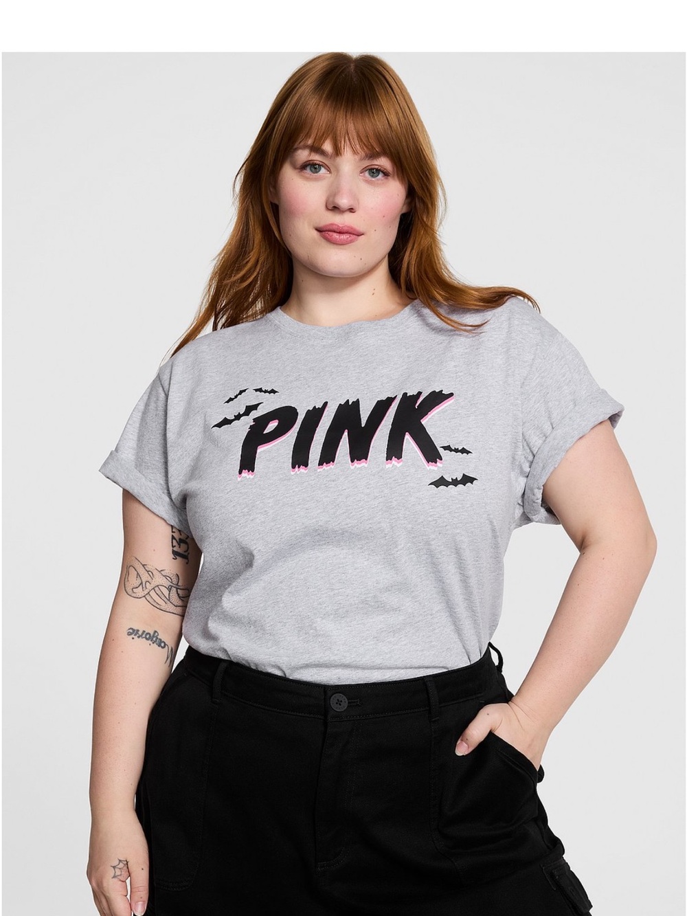 New Large Grey PINK Victoria's Secret Graphic Tee Shirt Bats Halloween 2025 Top